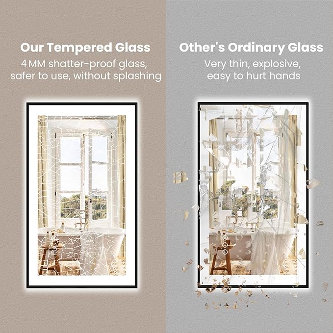 Amorho 55" X36" LED Bathroom Mirror with Black Frame, Front Light and Backlit(Controlled Separately), Stepless Dimmable, Anti-Fog, Shatter-Proof, 3 Colors, Memory