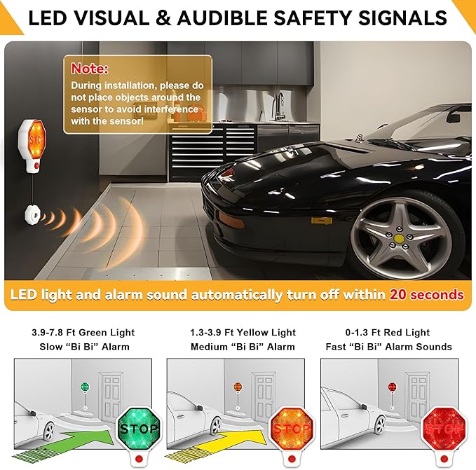 Adjustable Garage Parking Sensor Aid with with Red/Yellow/Green LED Display, Garage Parking Aid Set Stop Distance 6"–6 ft, Battery (Not Included) or USB Powered, No-Drill Installation(White)