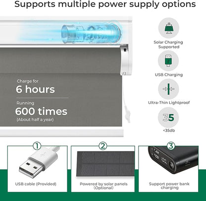 Allesin No Drill Motorized Roller Blinds – Rechargeable Electic Blackout Shades with Cassette Cover, Utral-Quiet Motor, Automatic Blind with Remote for Indoor Windows (Smoky Gray, 33.5" W x 72" H)