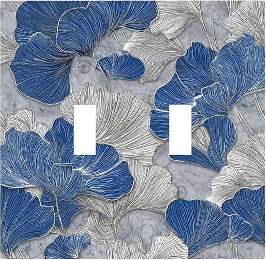 Abstract Blue Marble Plant Leaves 2 Gang Double Toggle Decorative Light Switch Covers Electrical Faceplate Switch Plates for Bathroom Kitchen Home