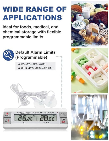Digital Refrigerator Thermometer 2 Channel Freezer Thermometer with Alarm Sound Reminder Thermometer Fridge with Max/Min Temperature Record Freezer Alarm with Magnetic Back for Home Kitchen