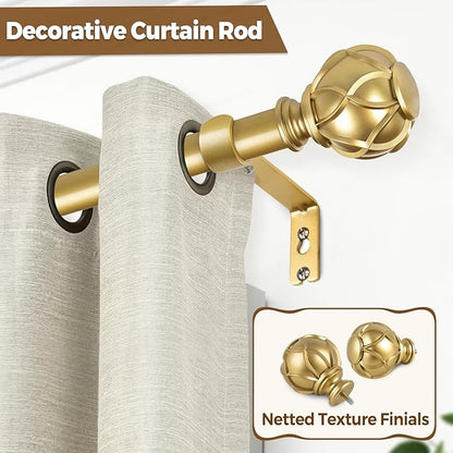 KAMANINA Gold Curtain Rod 72 to 144 Inch (6-12 Feet), Telescoping Single Drapery Rods, 7/8 Inch Heavy Duty Curtain Rods for Windows 66 to 144 Inches, Netted Texture Finials