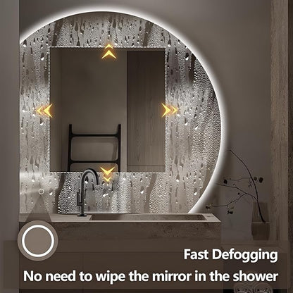 Niccy Half Moon LED Mirror for Bathroom, 28" Semi Backlit Frameless Makeup Mirror with Light, Anti-Fog, Shatter-Proof, 3 Colors, Smart Vanity Mirror