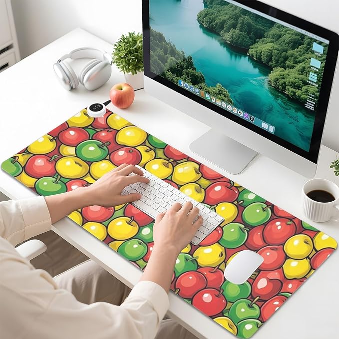 Heated Desk Pad Mouse Pad 31.5x13 Inch PU Leather Desk Mat with 3 Heat Levels Large Mouse Gaming Computer Laptop Mat Apples Colorful