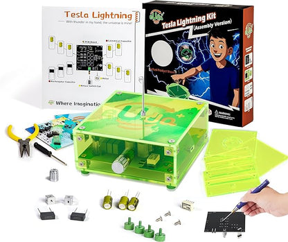 STEM Science Building Kit for Kids–Electronic Tesla Lightning Kit–Easy DIY Science Gadgets & Crafts–Unique Educational Gift Toys for Fun and Learning(Soldering Version)(Rectangular-Fluorescent Green)