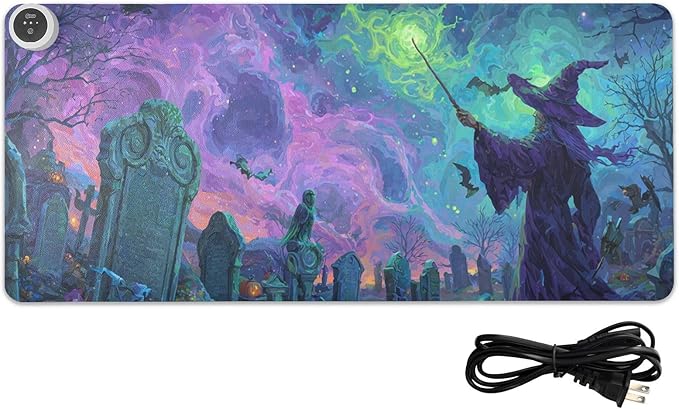 Heated Desk Pad Mouse Pad 31.5x13 Inch PU Leather Desk Mat with 3 Heat Levels Large Mouse Gaming Computer Laptop Mat Halloween Graveyard Purple