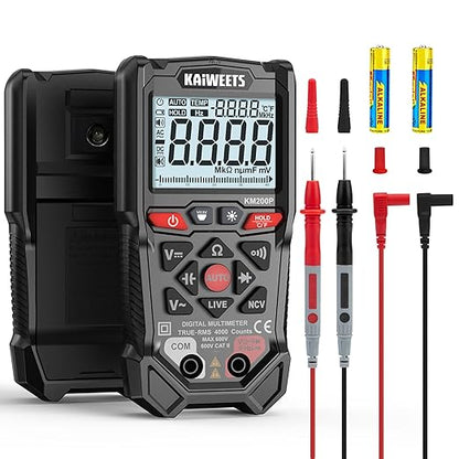 KAIWEETS KM200P Digital Multimeter, All Button Operation (No Knob), TRMS Auto Ranging, 4000 Counts, NCV, Voltmeter Ohmmeter, Fast & Accurate Measure AC/DC Voltage, Resistance, Continuity, Capacitance