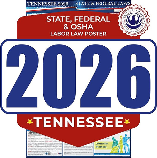2026 Tennessee State and Federal Labor Law Poster - OSHA Workplace Compliant - Mandatory Regulations Posting for Employees - All in One Required Compliance Posting 17" x 40" - Laminated