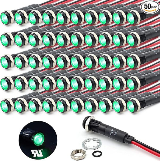 50Pcs 8MM (5/16") Indicator Light 110v 120v Metal Pilot Lamp Lights Aluminum Black Anodized Waterproof ip67 Red Signal Lamp Light(110V-Black Anodized-Green 50Pcs)