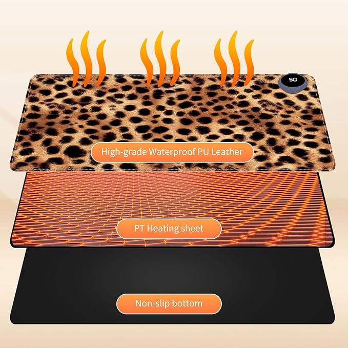 Small Heated Desk Pad 23.6" x 14.2" – Compact Electric Mouse Pad with 3 Heating Levels, Auto Shut-Off, Waterproof PU Surface, Plug-in Warmer for Office or Home Use, Leopard Print
