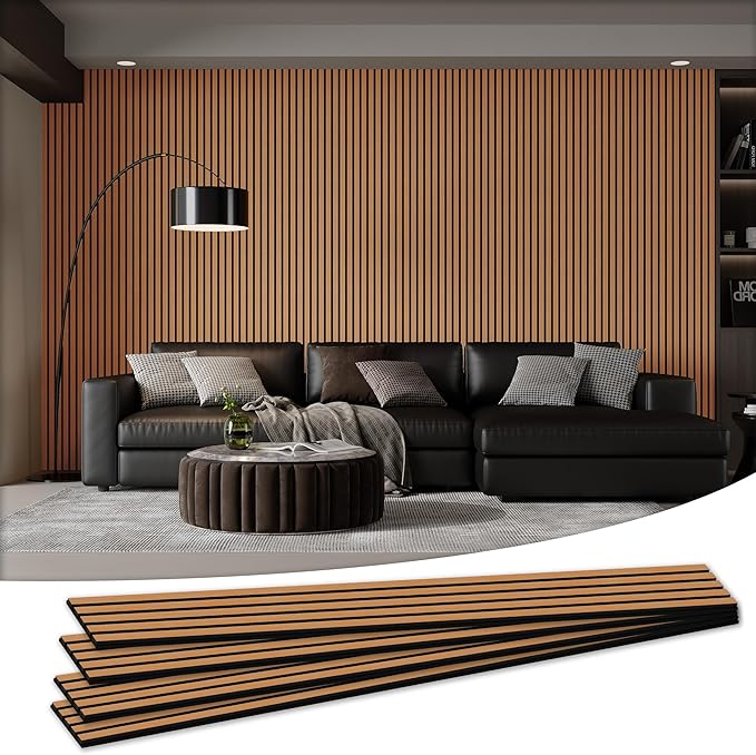 Wood Salt Acoustic Wall Panels, 4 Piece 94" x 12.6" x 0.8" Soundproof Wooden Wall Panels, 3D Fluted Sound Absorbing Panel, Brown