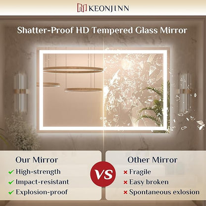 Keonjinn 96 ” x 36 ” Lighted Mirror for Bathroom Wall, LED Mirror with Frontlit & Backlit, Large Bathroom Mirror with Lights, Dimmable 3-Color Lights, HD Tempered Glass, UL-Listed LED Driver