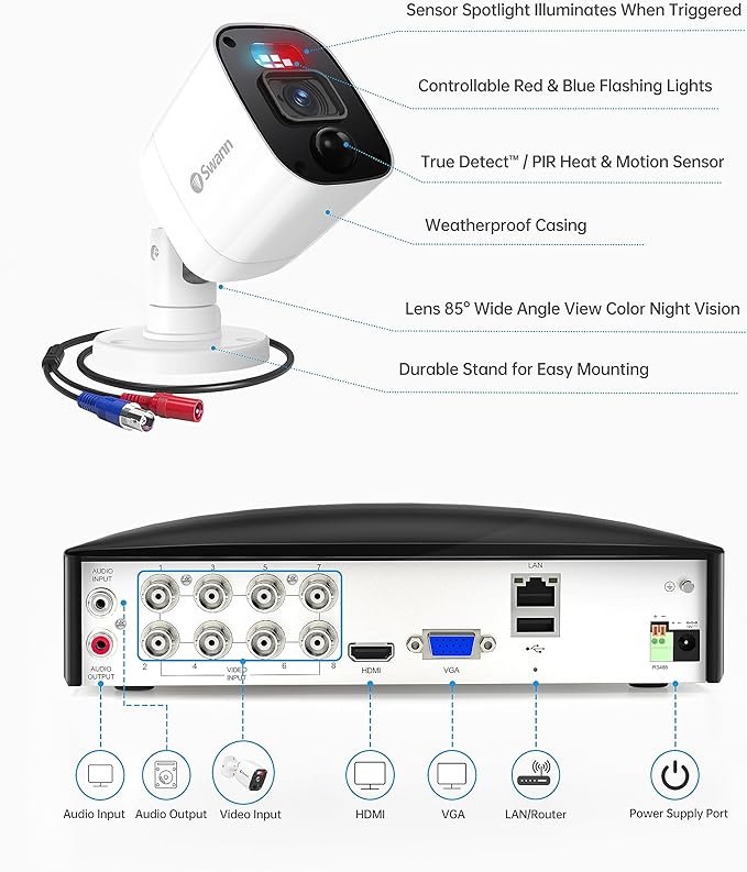 Swann Security Camera, 1080p DVR Bullet Surveillance Cameras with 1TB HDD, 8 Channel 8 Cam, Indoor Outdoor Wired Surveillance Camera, Color Night Vision, Heat Motion Detection, LEDs