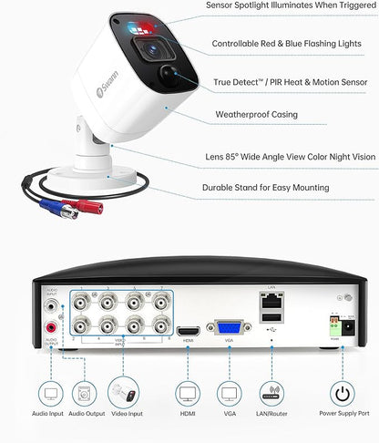 Swann Security Camera, 1080p DVR Bullet Surveillance Cameras with 1TB HDD, 8 Channel 8 Cam, Indoor Outdoor Wired Surveillance Camera, Color Night Vision, Heat Motion Detection, LEDs