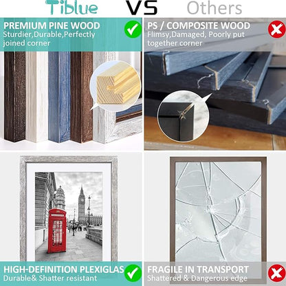 Tiblue 11x14 Picture Frame, Solid Wood Rustic Distressed White - 2 Packs with 4 Mats, HD Plexiglass, Wall Mount & Tabletop, 11x14 inches, Unisex Adult