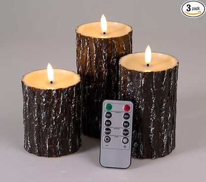 Comenzar Flameless Candles Battery Operated Candles Pine Bark Effect Real Candle Flickering 3D Wick Electric Home Decor Festival LED Candle with Timer 3Pack