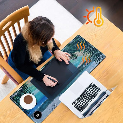 Heated Mouse Pad, Warm Desk Pad, Keyboard Mat 31.5 x 13 Inch Large Size Intelligent Fast Heating, 3 Speed Adjustable, Timed Auto Power Off for Game Office Home,Blue Sea Level Beach Woods