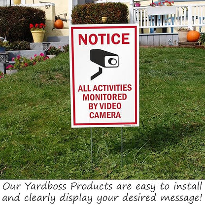 SmartSign 12" x 18" (2-Pack) All Activities Monitored By Video Camera Yard Sign with 15" Metal H-Stake, Double Sided Sign with Camera Symbol, 160 mil Thick Corrugated Plastic Lawn Signs, USA-Made