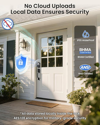 TEEHO TE012W-H WiFi Smart Door Lock with Handle, Fingerprint, Keypad, Key & App Control, Keyless Entry Deadbolt Set, Compatible with Alexa & Google Assistant, Easy Install for Front Door, Matte Black