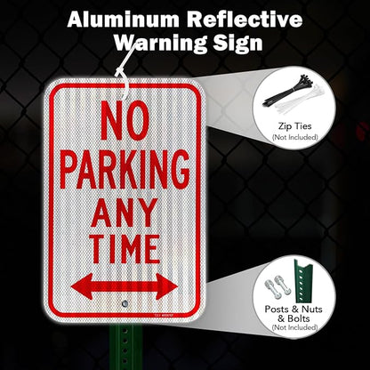 T&R (2 Pack) Large No Parking Anytime Signs, 18" x 12" Engineer Grade Reflective Sheeting, Rust Free Aluminum, Weather Resistant, Waterproof, Fade Resistant, 2 Pre-drilled Holes