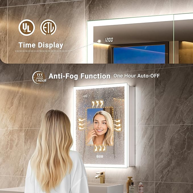 20x32 Medicine Cabinet Mirror with Double Lights & Clock, Front+Backlit Surface or Recessed Fogless Lighted Medicine Cabinet Mirror, 155°Soft-close Right Hinge,Time-Display,Outlet,Inner Light