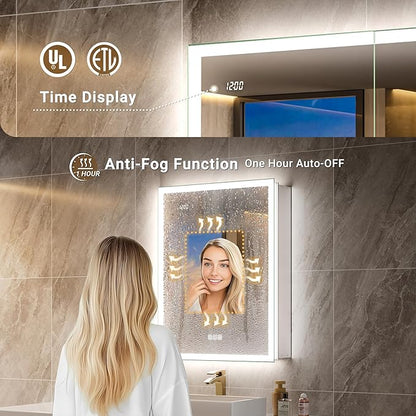 20x26 LED Medicine Cabinet Mirror with Double Lights-Front & Backlit, 155°Soft-close Hinge, Surface or Recessed Dimmable Lighted Medicine Cabinet Mirror with Clock Outlet Inner Light,Anti-fog