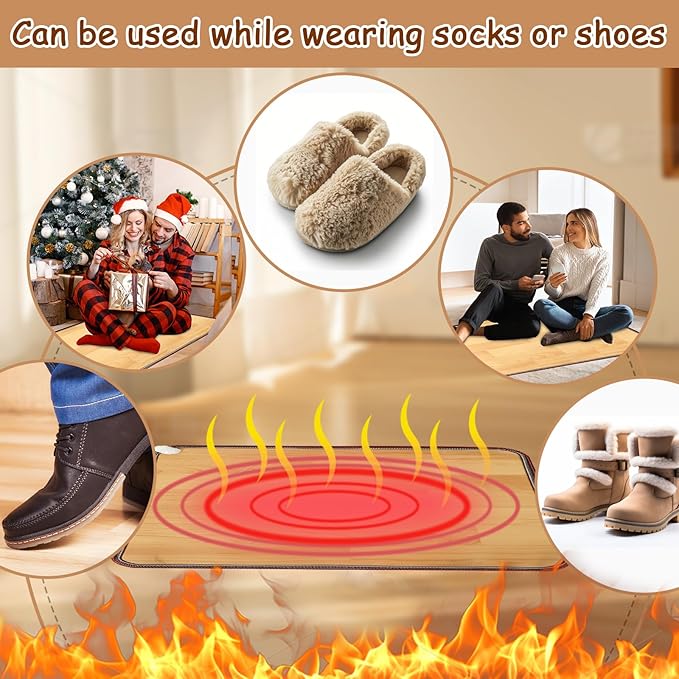 PVC 110V Heated Floor Mat Heater for Foot Warmer Under Desk 31.5 x 20 Inch Carbon Crystal Wood Stripe Electric Heating Carpet Pad Energy Saving Indoor Heated Rug for Home Office House Brown