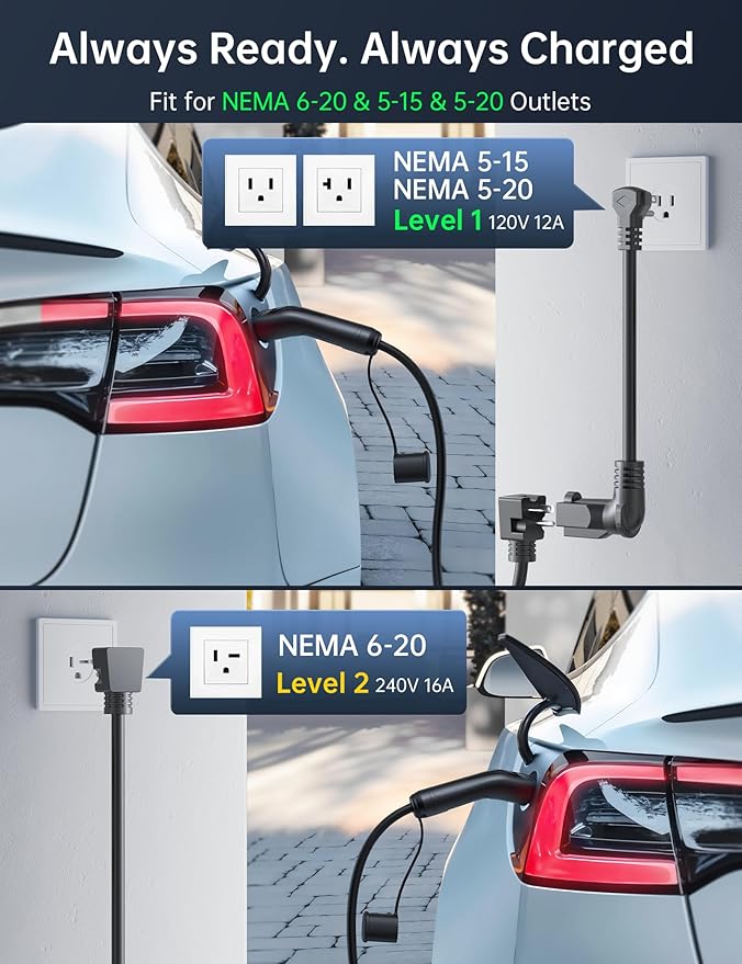 12A-16A Level 1&2 Charger for Tesla Adjustable Current, Delay Charge & Smart Display NACS Mobile/Home Charger, 21ft Mobile Connector Cable for Model X/Y/3/S/Cybertruck, NEMA 6-20/5-15 Plug, 110-240V