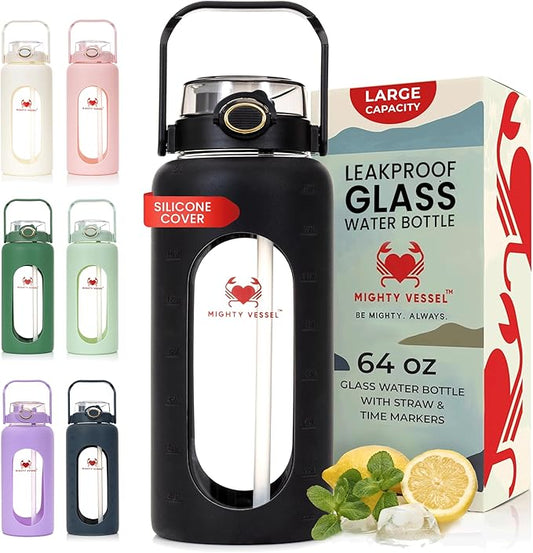 64 oz Glass Water Bottle – Black | Large Leakproof Shatter-Resistant Borosilicate Bottle with Straw, Silicone Sleeve, Time Marker – Half Gallon for Travel, Gym, Daily Intake