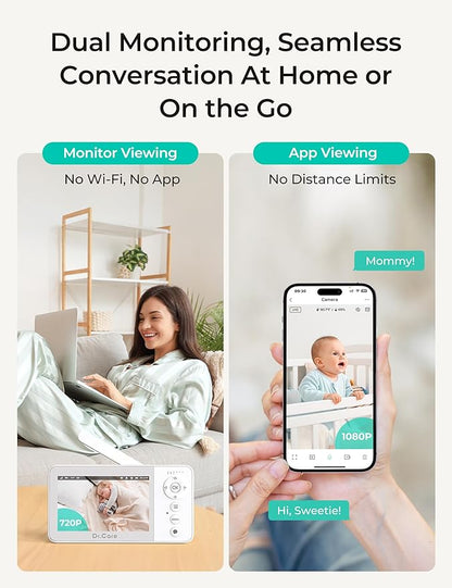 Dr.Care VistaView Lite RB Smart WiFi Baby Monitor with 2 Cameras - 4” 720P Split Screen & 1080P Camera App Control, Motion Alerts, 2500mAh Removable Battery, Night Vision, Multi-User, Triple Security