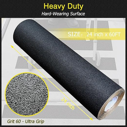 S&X Anti Slip Tape 24 Inch x 60 FT Roll, Ultimate Non-Slip Skid Grip Tape for Outdoor Stair Treads, Wooden Steps & Exterior Grips, Black, Grit 60, Waterproof, Extra-Durable, Long-Lasting