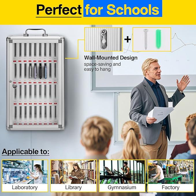 36-Slot Cell Phone Locker with Lock & Key, Heavy Duty Aluminum & Acrylic Cell Phone Storage for Classroom, Office, Retail – Wall Mount Secure Cell Phone Holder, Lock Box, Phone Jail (Silver)