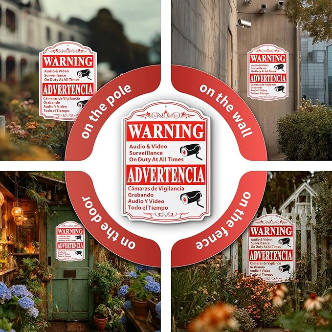 8 Pcs Video Surveillance Sign Private Property, 13.5 x 9.5 inch Thick Aluminum Reflective Sign Warning Advertencia Sign Aluminum UV Ink Printed for Home Business