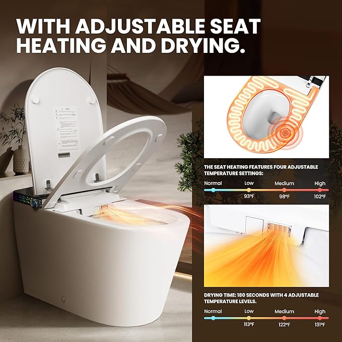 Smart Toilet with Automatic Opening Lid, Microwave & Foot Sensor, Bidet Wash & Air Dryer, Self-Cleaning Nozzle, LED Display, Quiet Dual Pump