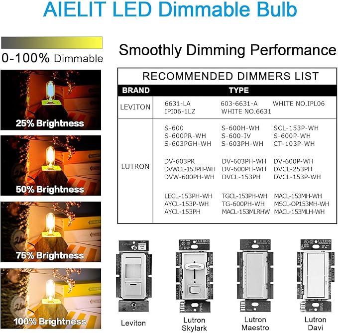 2W T8 Dimmable Candelabra LED Light Bulb, Soft White 3000K, E12 Small Chandelier Base, Tubular 25-Watt Equivalent Clear Vintage LED Edison Bulb for Display Cabinet Showcase Piano, 8-Pack