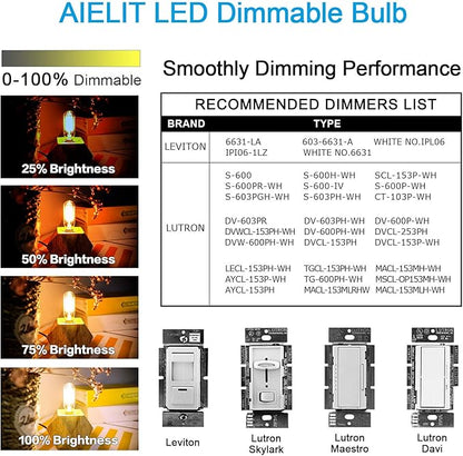 2W T8 Dimmable Candelabra LED Light Bulb, Soft White 3000K, E12 Small Chandelier Base, Tubular 25-Watt Equivalent Clear Vintage LED Edison Bulb for Display Cabinet Showcase Piano, 8-Pack