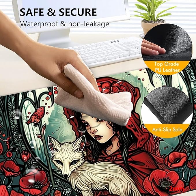 Heated Mouse Pad with 3 Levels Heated & 3 Hours Auto Shut-Off Mouse Pad for Warming Hands in Office Home, 23.6" x 14.2"Large Safe Desk Mat Hand Warmer，Girl White Fox