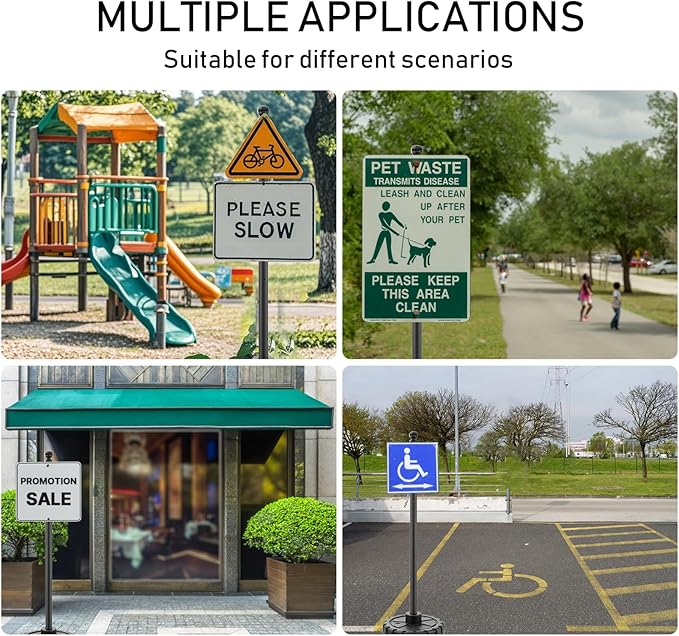 Portable Sign Post and Base Kit, 5 ft Heavy Duty Cast Iron Sign Pole with Hard Plastic Wheeled Base, Movable Signs Stand Easy to Use Portable Sign Holder for Traffic, Parking, and Safety Signs 2 Pack