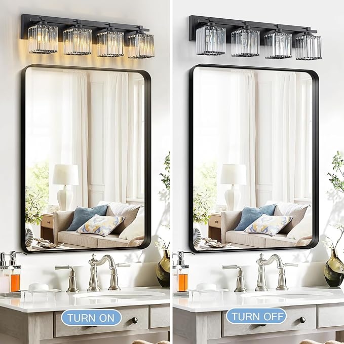 Crystal Bathroom Light Fixtures, 4 Light Black Vanity Lighting Over Mirror with Crystal Shades, Modern Bathroom Vanity Light for Restroom, Bath, Cabinet and Powder Room