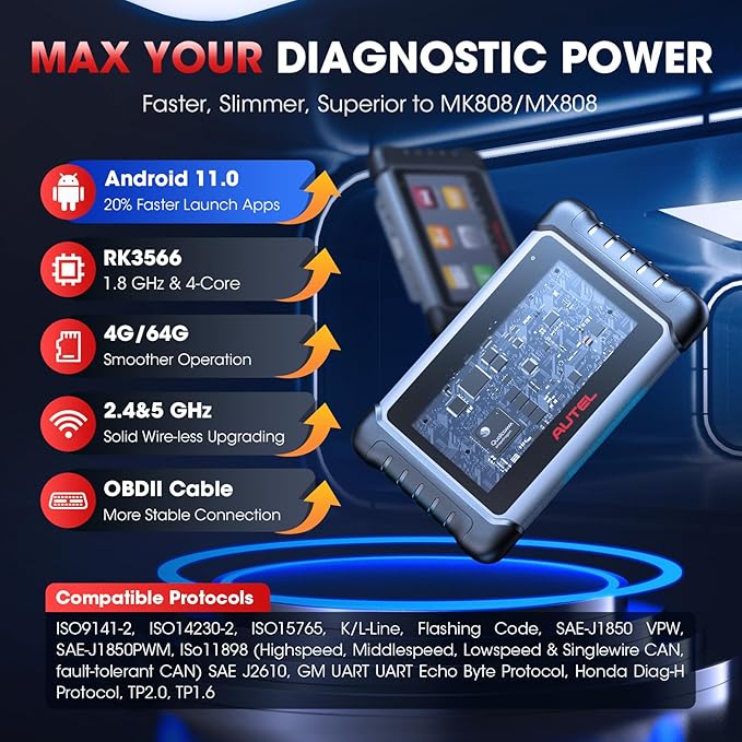 Autel Scanner MaxiCOM MK808S: 2026 Bidirectional Tool as MK808BT Pro MX808S M808Z, Work as MaxiCheck MX900 MK900BT, 28+ Service, Active Test, All System Diagnose, Injector C0ding, FCA Autoauth OS 11