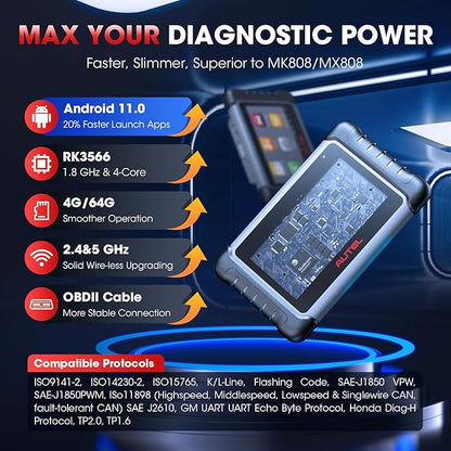 Autel Scanner MaxiCOM MK808S: 2026 Bidirectional Tool as MK808BT Pro MX808S M808Z, Work as MaxiCheck MX900 MK900BT, 28+ Service, Active Test, All System Diagnose, Injector C0ding, FCA Autoauth OS 11