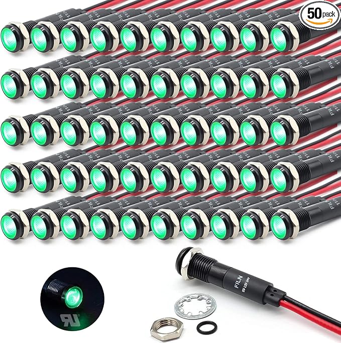 50Pcs 8MM (5/16") Indicator Light 12V 24V Metal Pilot Lamp Lights Aluminum Black Anodized Waterproof ip67 Signal Lamp(12V-24V Black Anodized-Green)