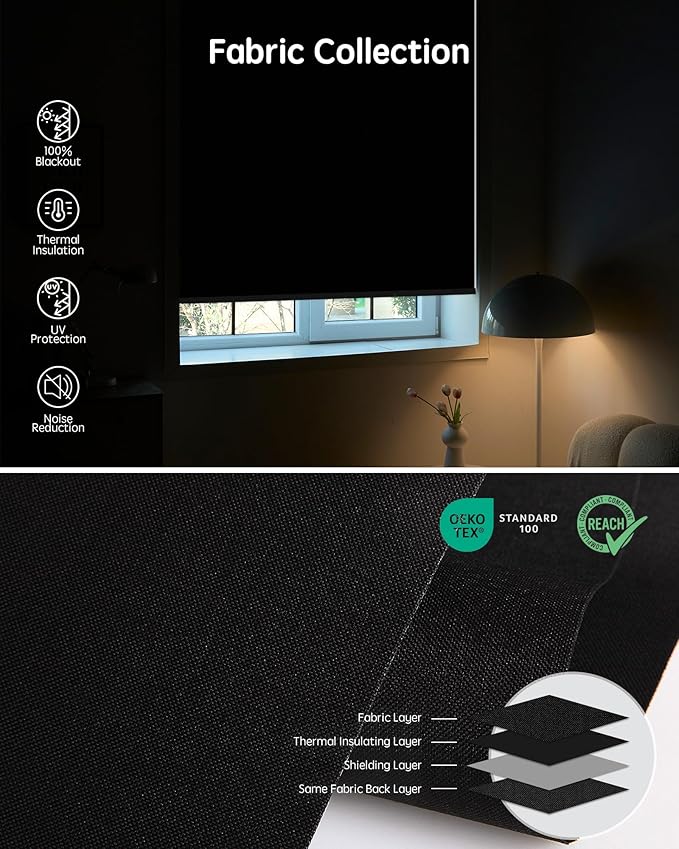 Yoolax Motorized Blinds with Remote, Blackout Smart Blinds for Windows Motorized Roller Shades, Automatic Window Shades Work with Alexa Custom Size (Blackout-Fabric Black)