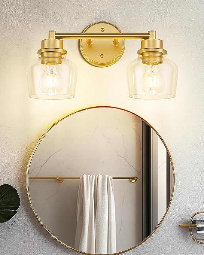 Emak Gold Bathroom Light Fixtures Over Mirror, 2-Light Bathroom Vanity Light with Clear Glass Shade, Modern Vanity Lights Wall Sconces for Bath, Makeup Desk, Mirror, VL122-GD-CG-2