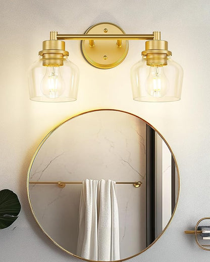 Emak Gold Bathroom Light Fixtures Over Mirror, 2-Light Bathroom Vanity Light with Clear Glass Shade, Modern Vanity Lights Wall Sconces for Bath, Makeup Desk, Mirror, VL122-GD-CG-2
