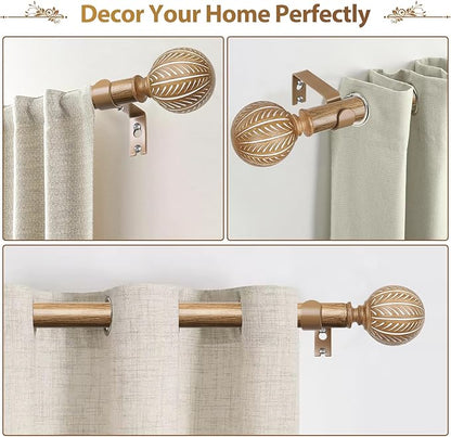 KAMANINA Wood Curtain Rods for Windows 72 to 144 Inch(6-12ft), 1 Inch Adjustable Drapery Rod, Decorative Heavy Duty Curtain Rods with Leaf Pattern Finials, Wood Grain