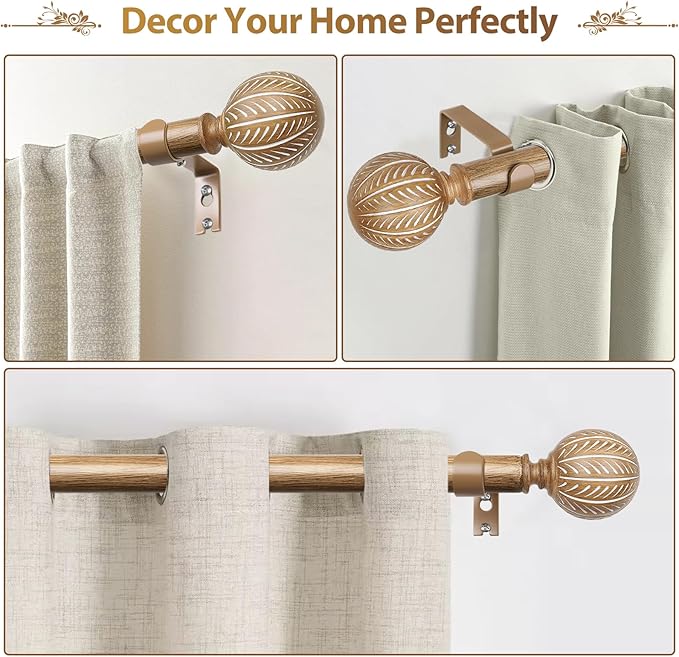 KAMANINA 2 Pack Wood Curtain Rods for Windows 48 to 84 Inch(4-7ft), 1 Inch Adjustable Drapery Rod, Decorative Heavy Duty Curtain Rods with Leaf Pattern Finials, Wood Grain