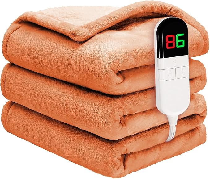 Heated Blanket Twin 62"×84" - Premium Cosy Soft Electric Blanket with 6 Heating Levels,Fast Heating Flannel Sherpa Machine Washable Blanket for Bed & Couch - Auto Shut Off(Orange)
