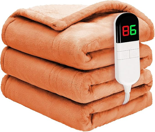 Heated Blanket Twin 62"×84" - Premium Cosy Soft Electric Blanket with 6 Heating Levels,Fast Heating Flannel Sherpa Machine Washable Blanket for Bed & Couch - Auto Shut Off(Orange)