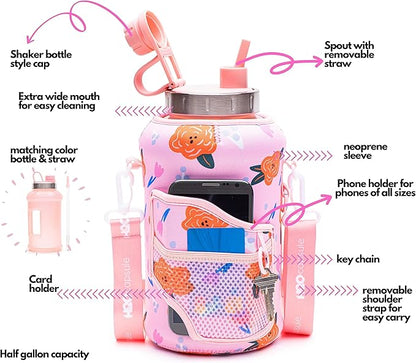 H2O Capsule 2.2L Half Gallon Wide Mouth Water Bottle with Storage Sleeve and Removable Straw - Hydration Tracker Jug with Measurements Marked – Shatterproof BPA-Free, (Poppy Love)